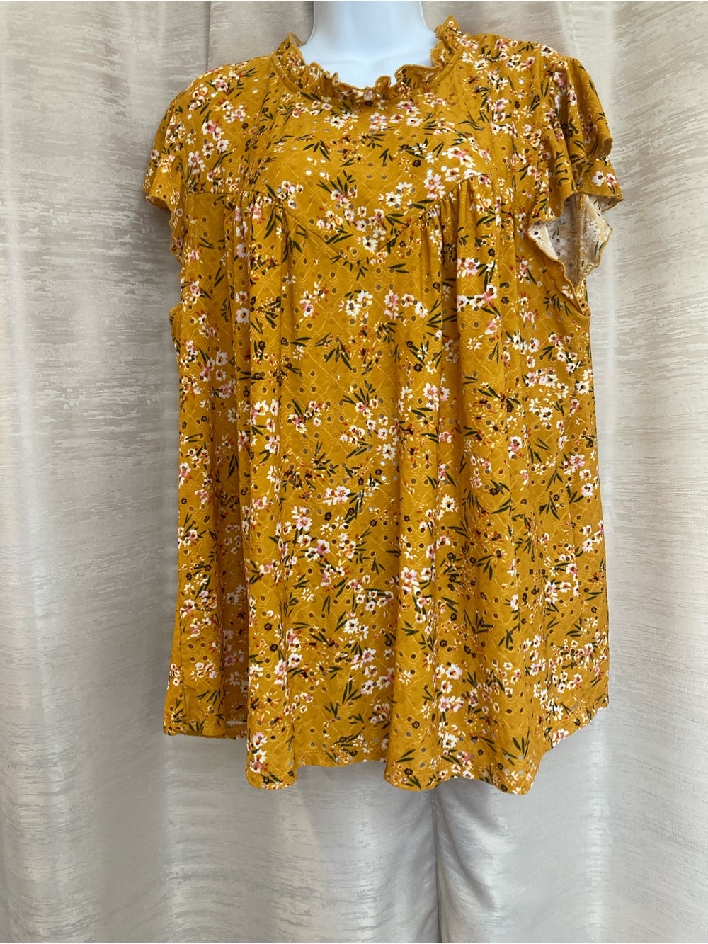 Floral Ruffle-Yoke Women's Top in Mustard